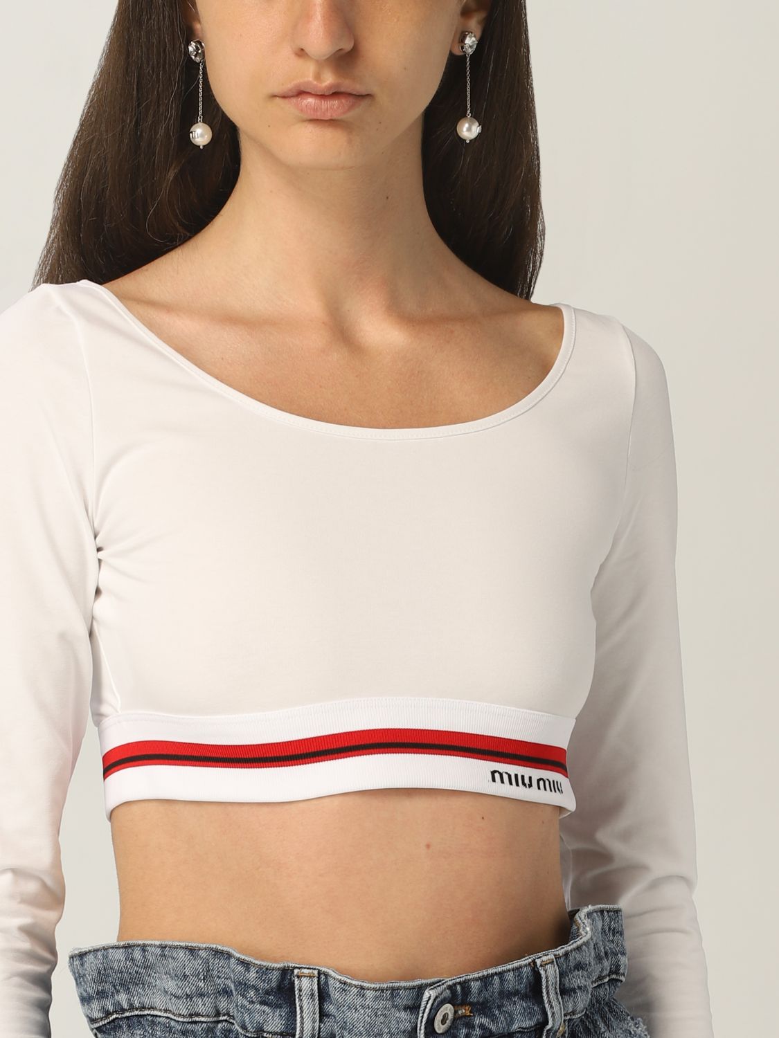 MIU MIU: cropped sweater with logop - White | Miu Miu top