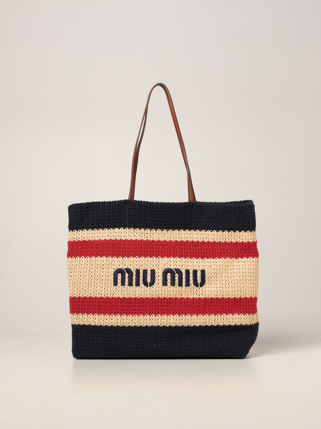 MIU MIU: shoulder bag in woven raffia and cotton - Natural | Miu Miu ...