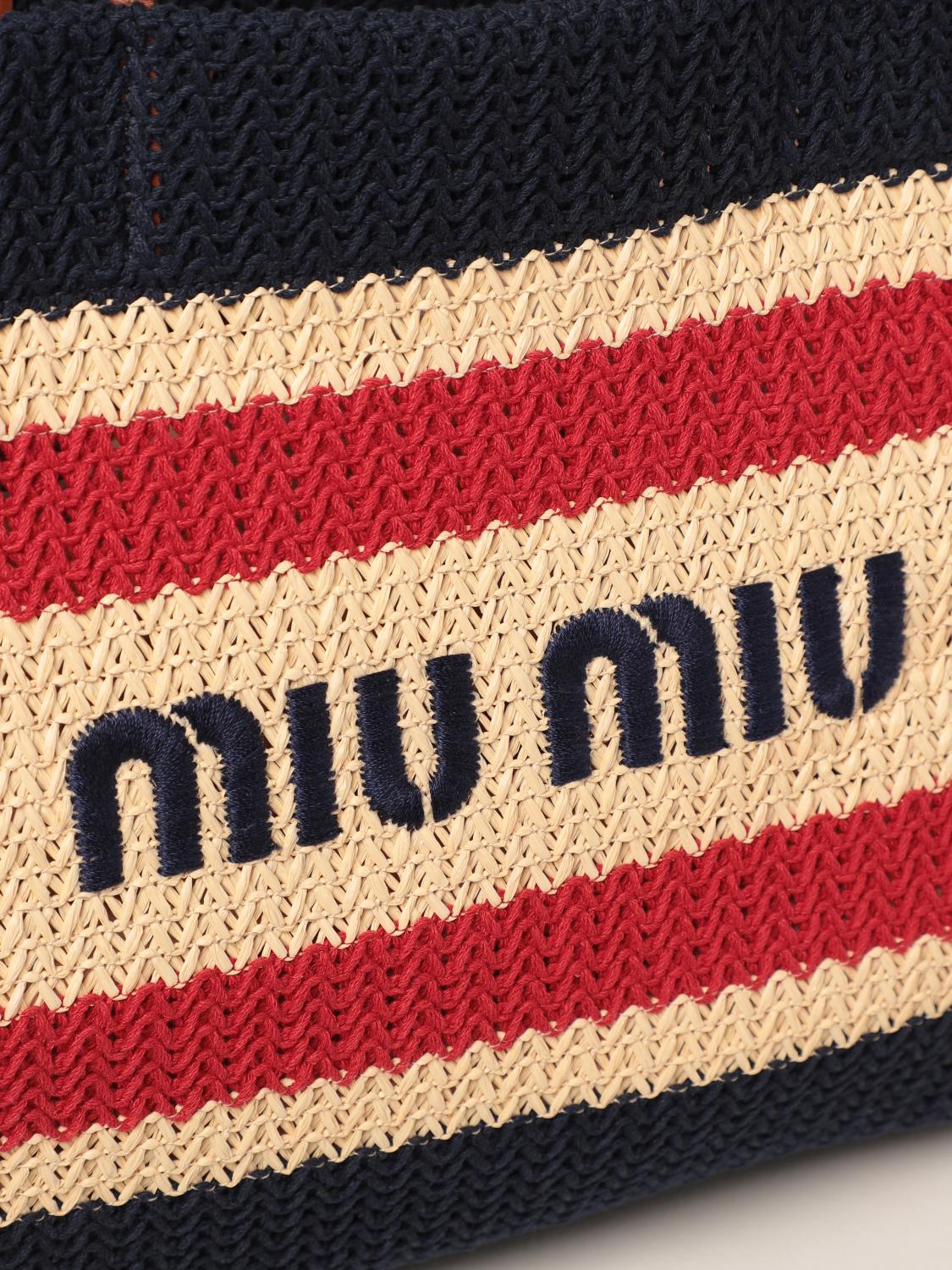 MIU MIU: Shoulder Bag In Woven Raffia And Cotton - Natural | Miu Miu ...