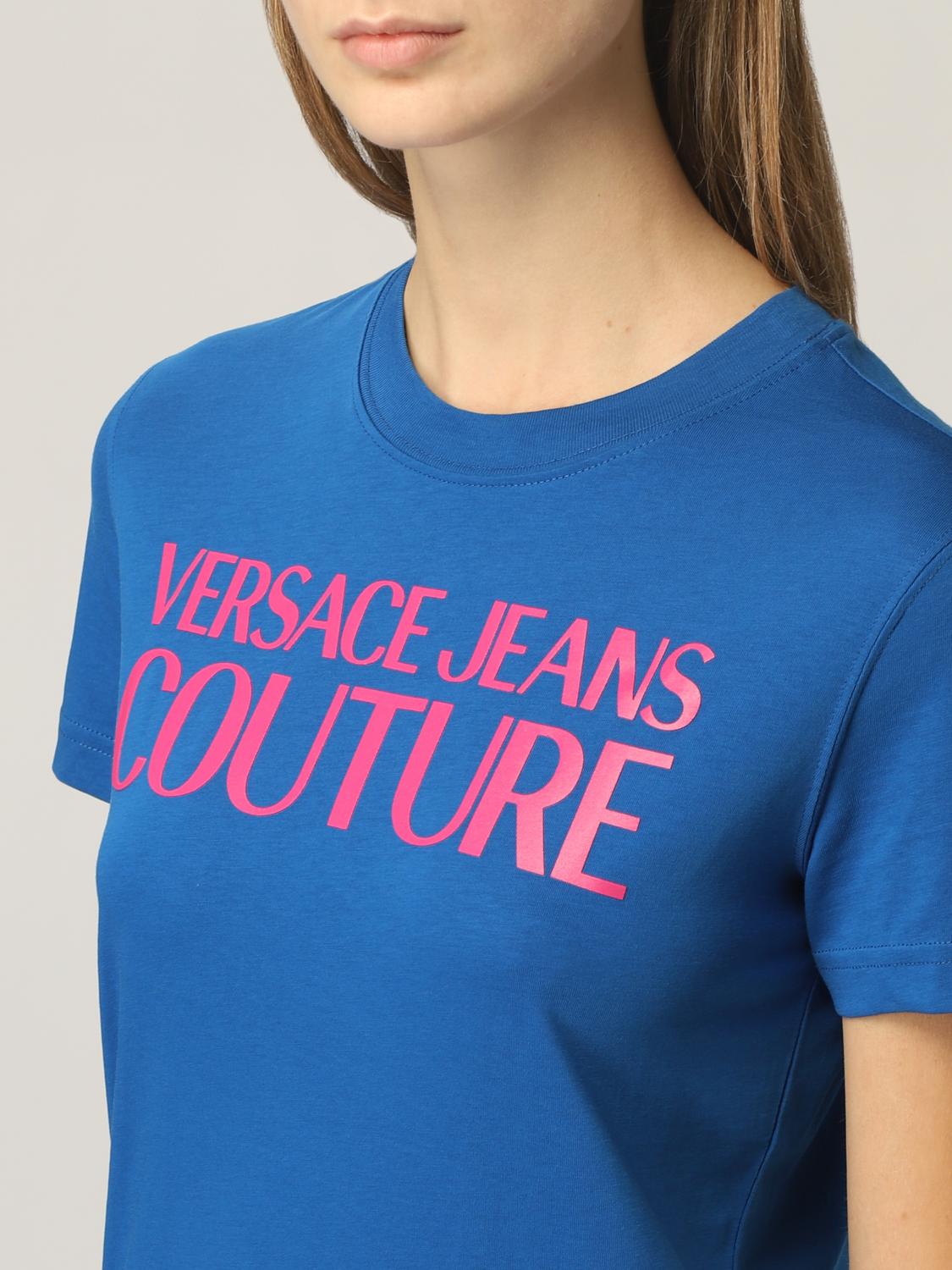Versace Jeans Couture Outlet: T-shirt in cotone con logo - Cobalto |  T-Shirt Versace Jeans Couture 71HAHF00CJ00F GIGLIO.COM