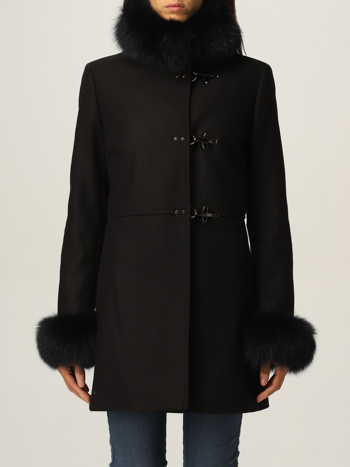 Cappotto Fay: Cappotto Virginia Fay in misto lana e pelliccia di volpe nero 1