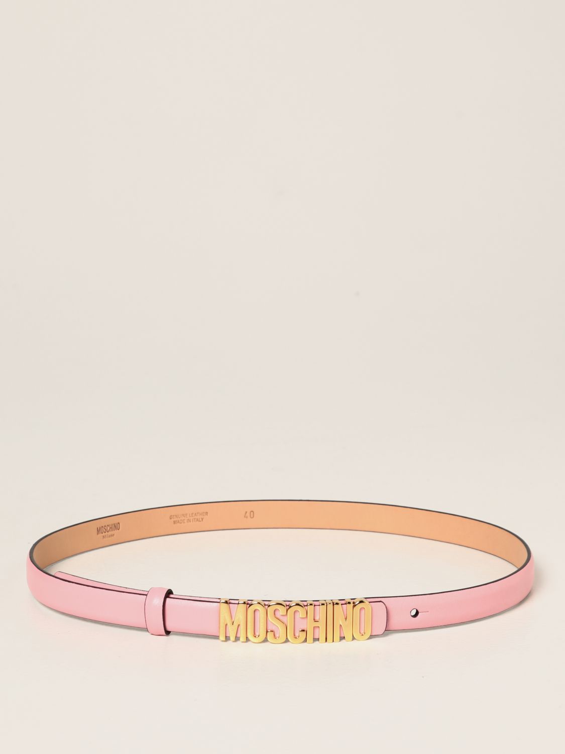 MOSCHINO COUTURE: leather belt with metallic logo - Pink | Moschino ...