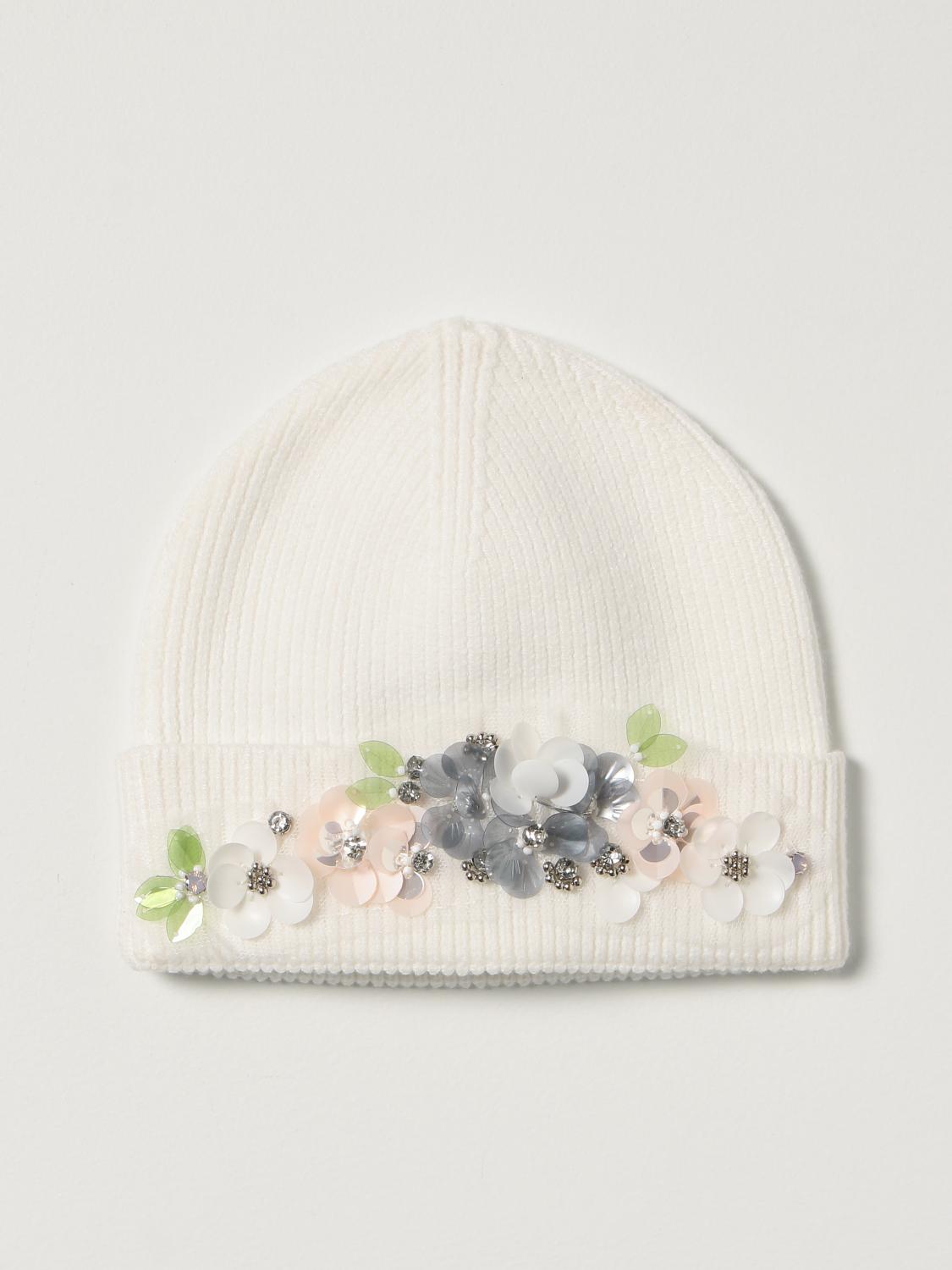 Monnalisa Outlet: Cappello a berretto con applicazioni floreali - Panna |  Cappello Bimba Monnalisa 7980058761 GIGLIO.COM