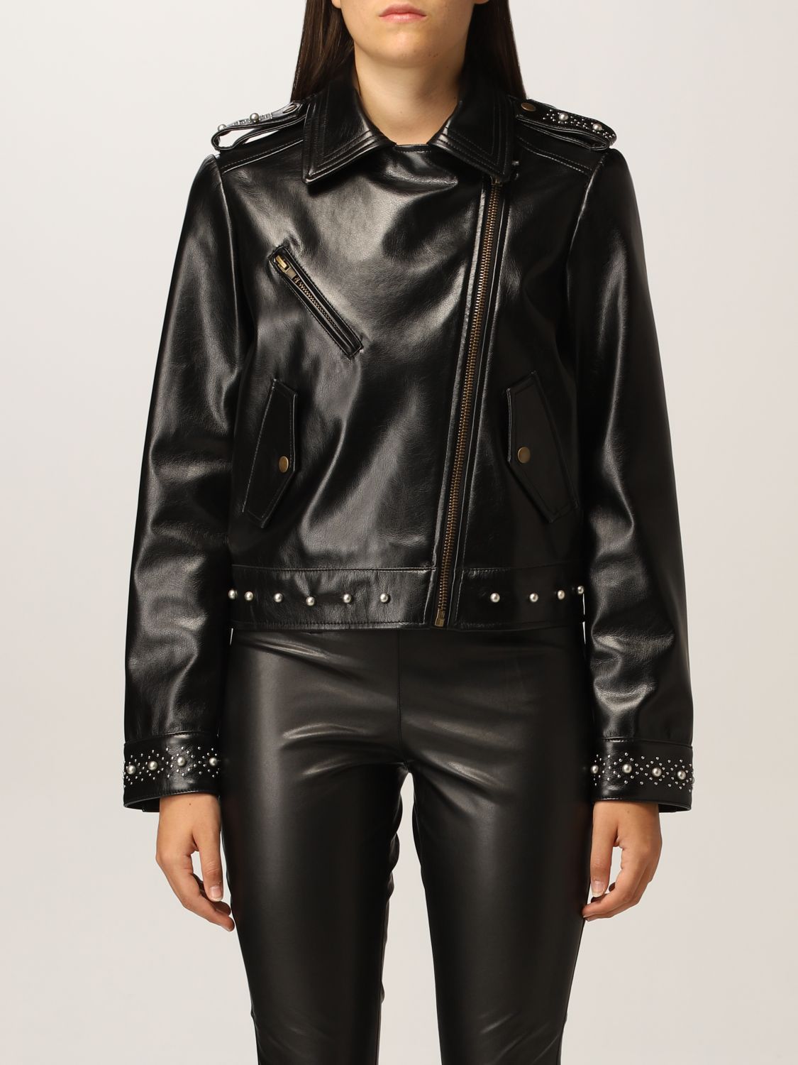 TWINSET: Twin-set biker jacket in synthetic leather with micro studs ...