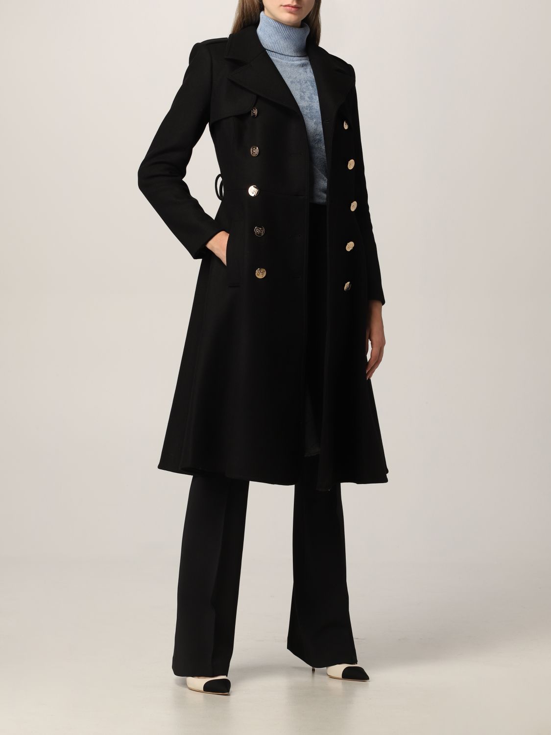 ELISABETTA FRANCHI: double-breasted coat in cloth - Black | Elisabetta ...