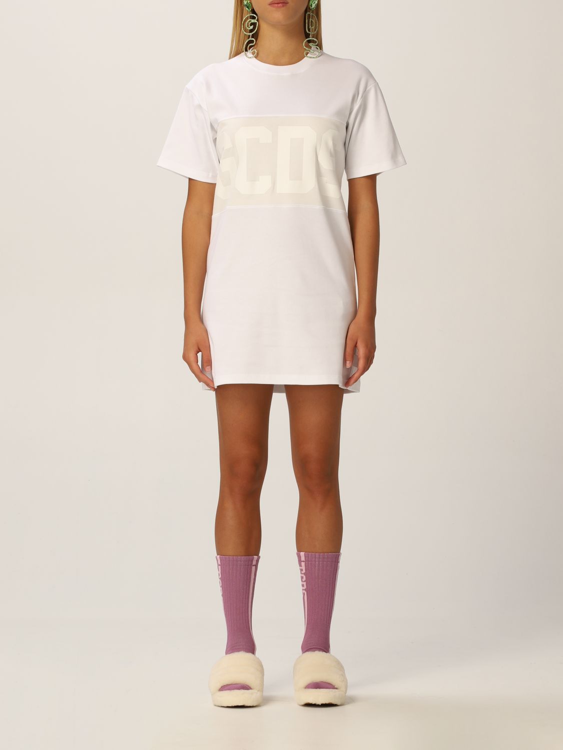 GCDS: New logo band t-shirt dress in cotton - White | Gcds dress CC94W020510 online at GIGLIO.COM