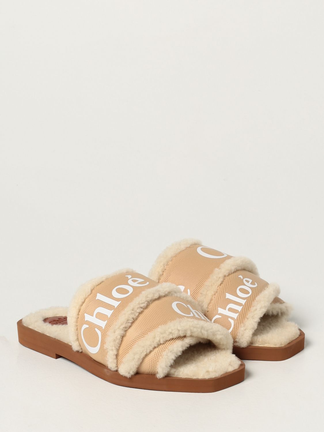 CHLO Woody sandal in fabric and fur Brown Chlo flat sandals