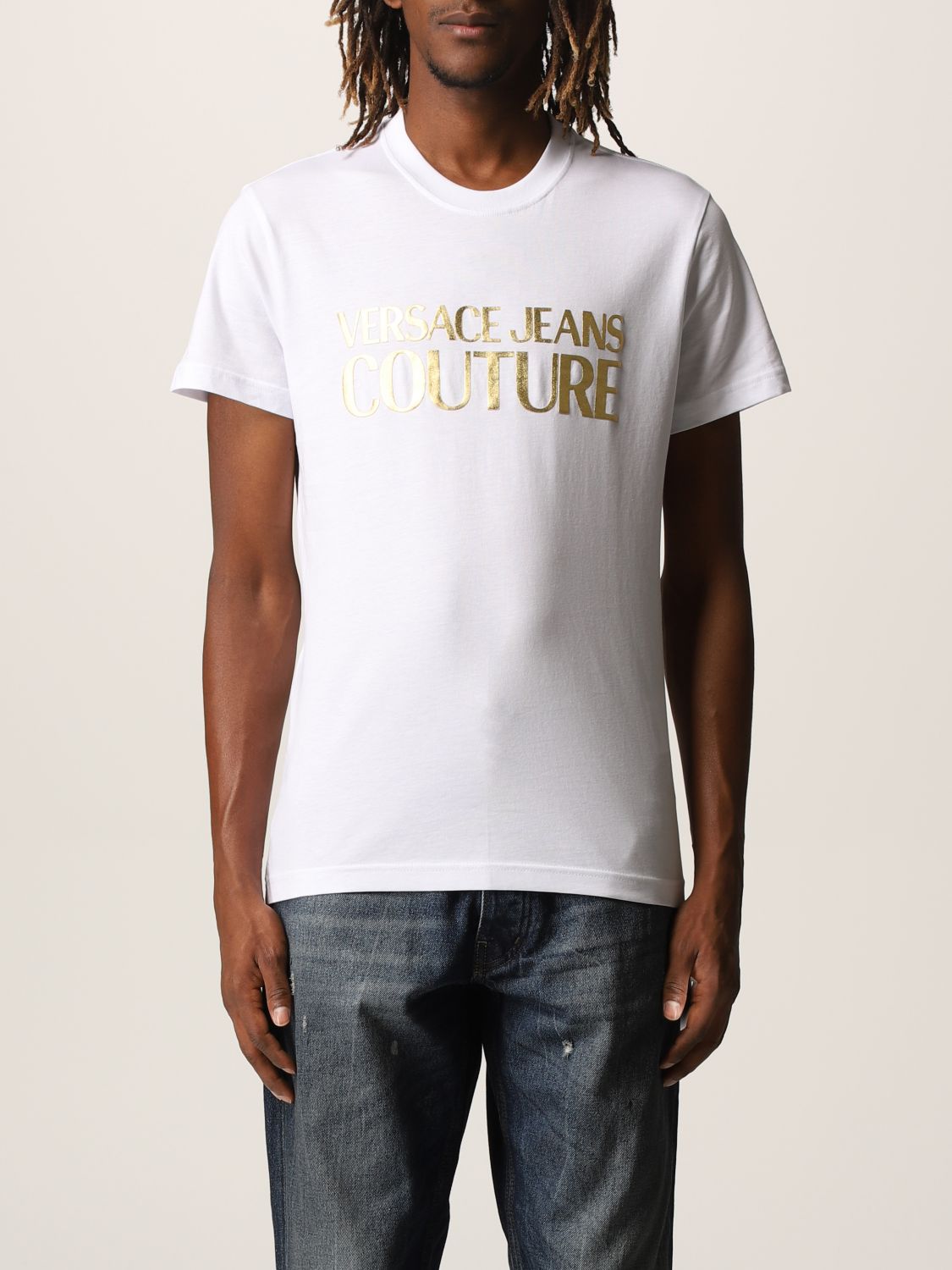 VERSACE JEANS COUTURE: T-shirt with laminated logo - White | Versace ...