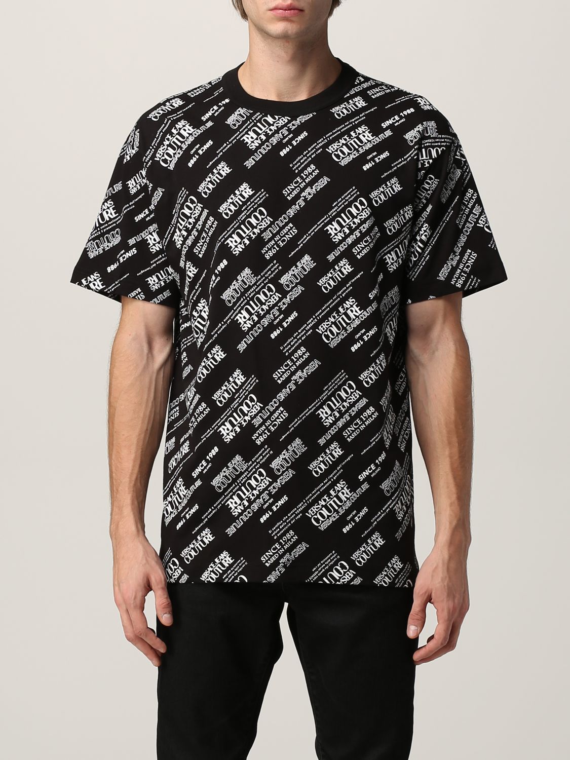 VERSACE JEANS COUTURE: T-shirt with all over logo - Black | Versace ...