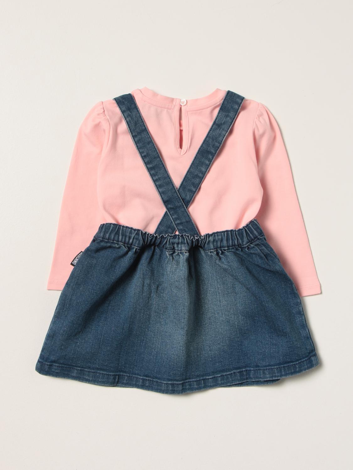 MOSCHINO BABY Dress with tshirt + denim overalls Pink Moschino Baby jumpsuit MDK01W LDE09