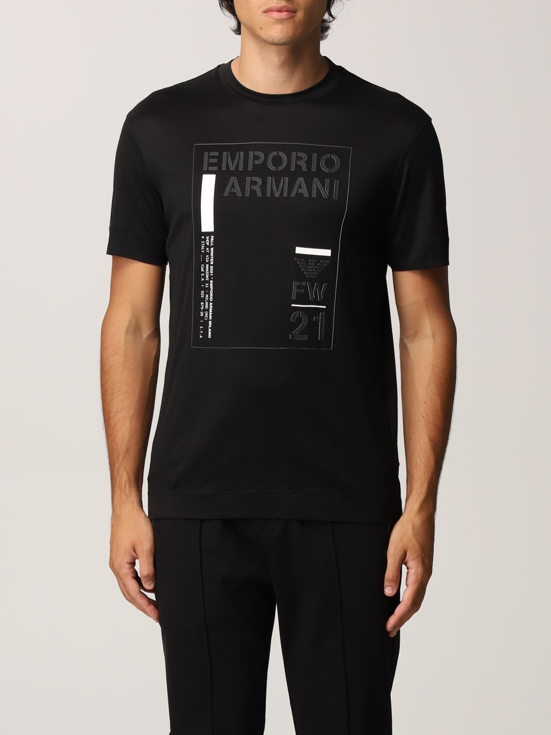 EMPORIO ARMANI: T-shirt in Tencel blend with logo and print - Black ...
