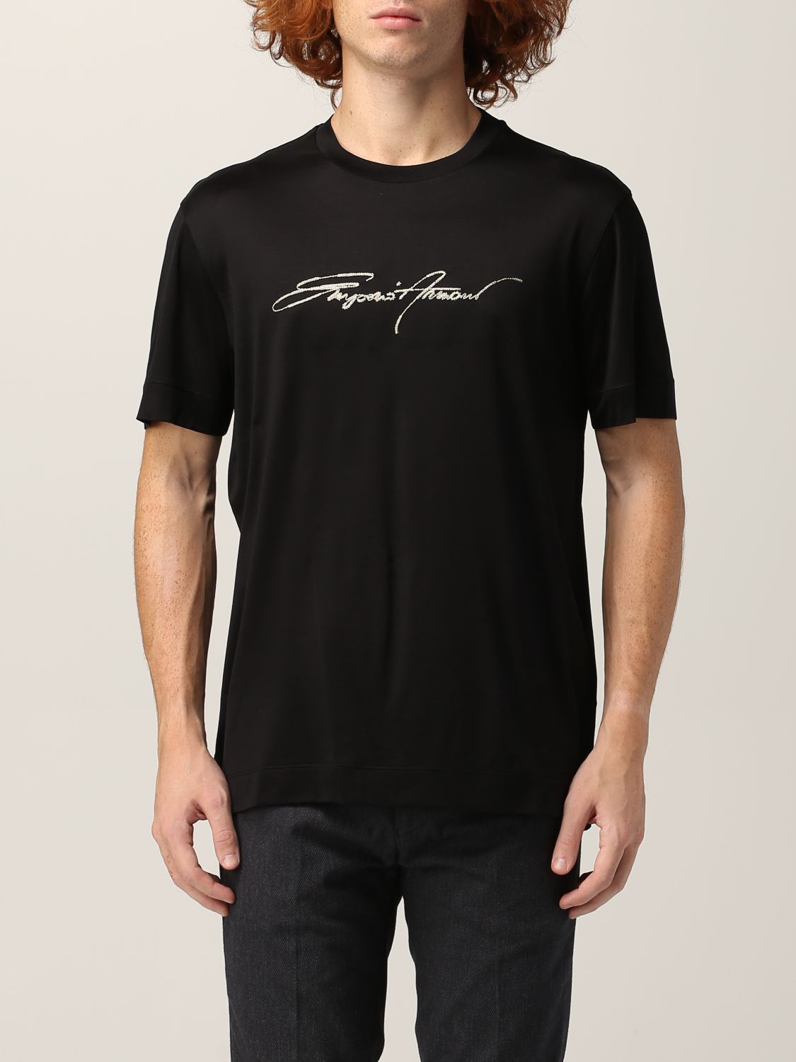 EMPORIO ARMANI: cotton T-shirt with embroidered signature logo - Black | Emporio  Armani t-shirt 6K1T78 1JUVZ online on 