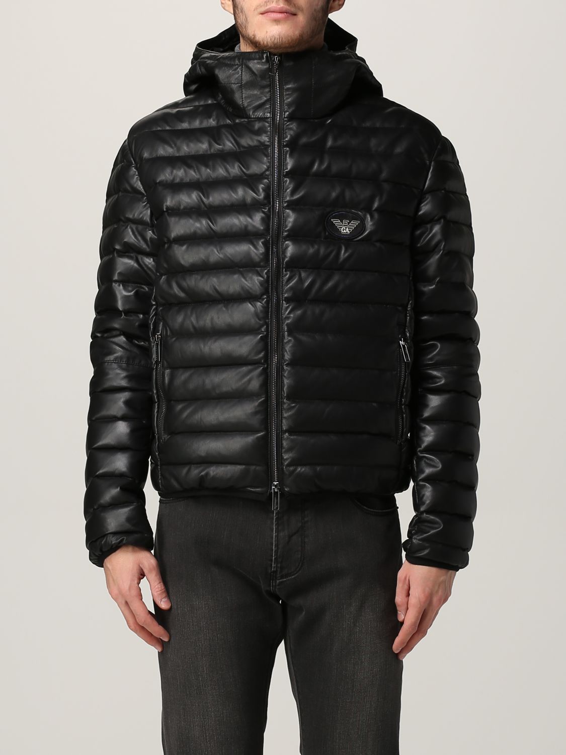 EMPORIO ARMANI: leather down jacket - Black | Emporio Armani jacket B1R03P  B1P03 online on 