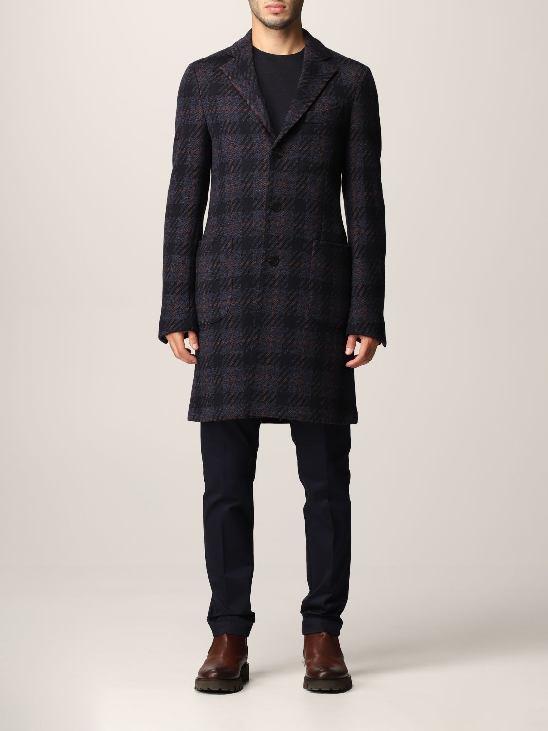 ETRO: single-breasted coat in virgin wool with check pattern - Blue ...