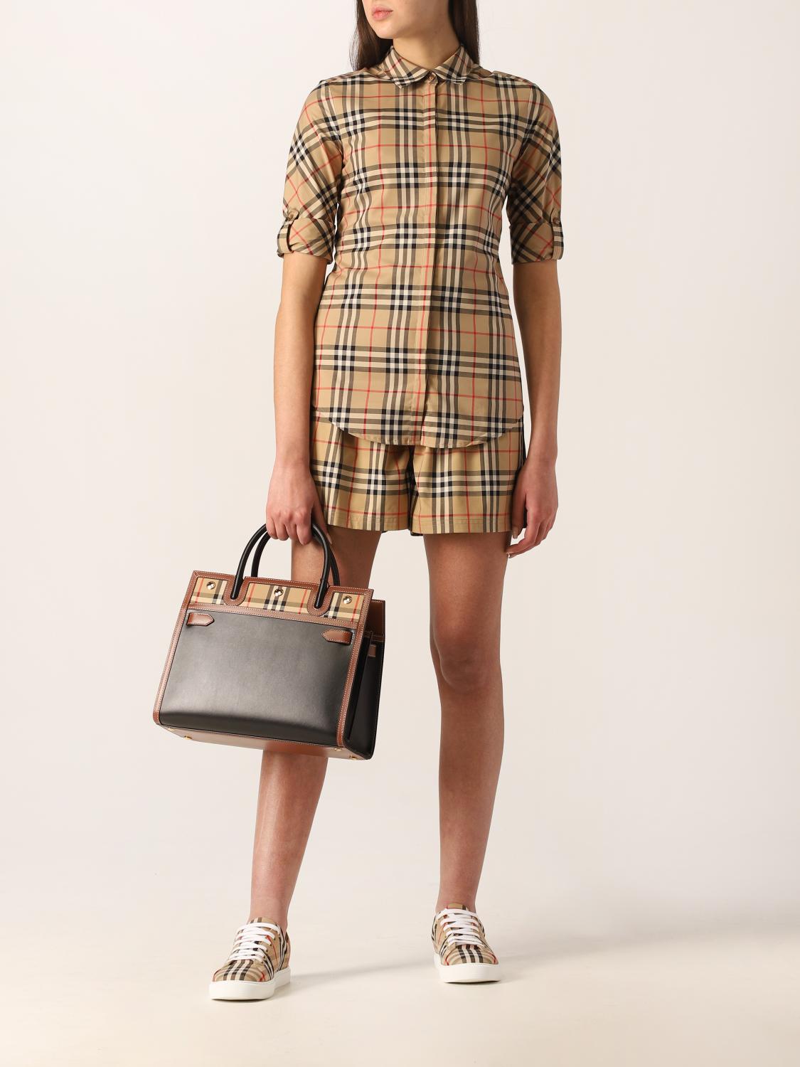 BURBERRY Title small leather and vintage check fabric bag Black