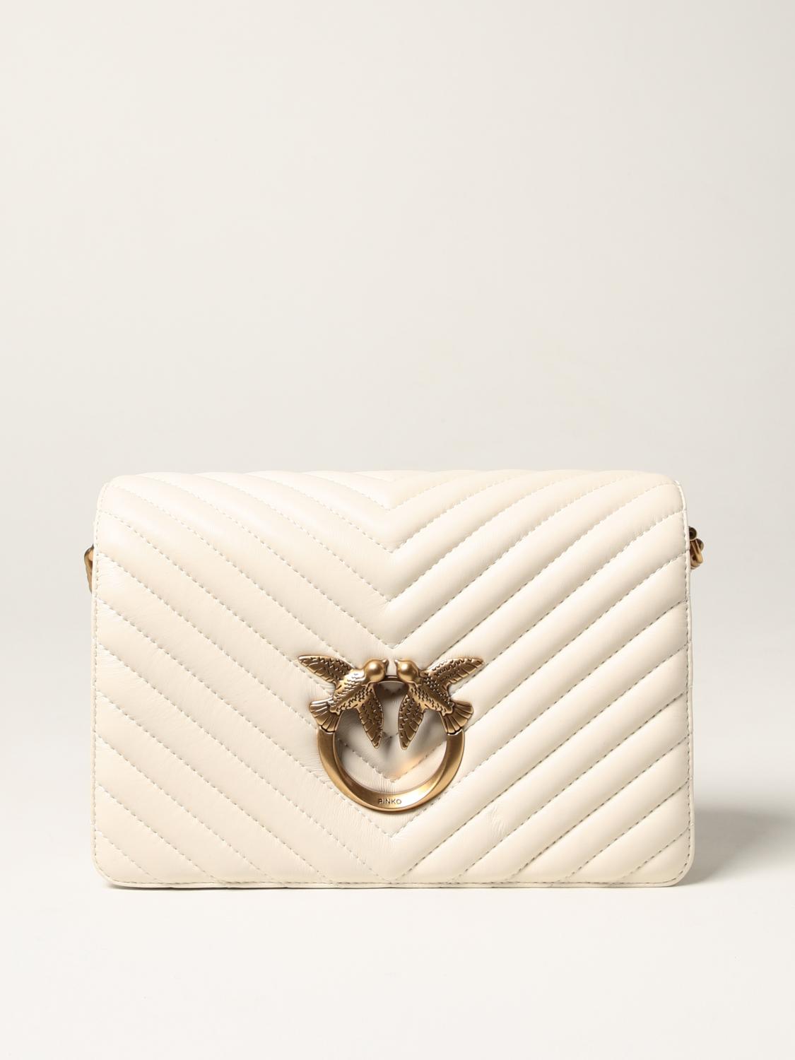 PINKO Love Click classic V Quilt bag in leather Ivory Pinko