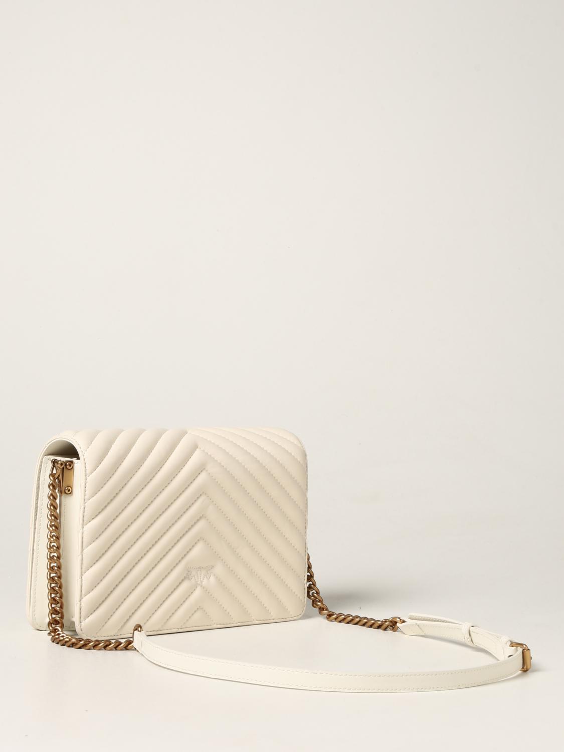 PINKO Love Click classic V Quilt bag in leather Ivory Pinko