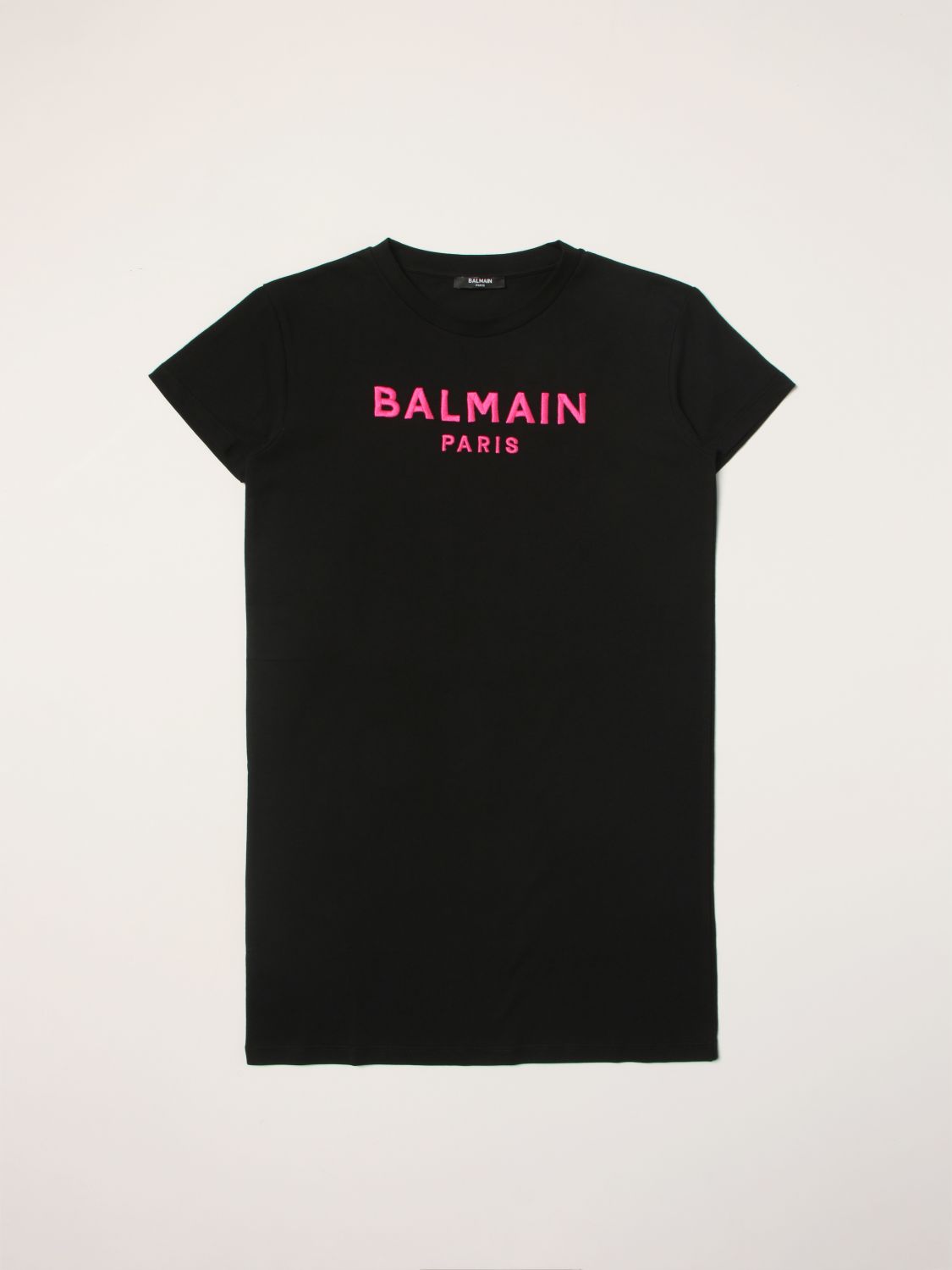 Abito Balmain: Abito a t-shirt Balmain in cotone con logo fuxia 1