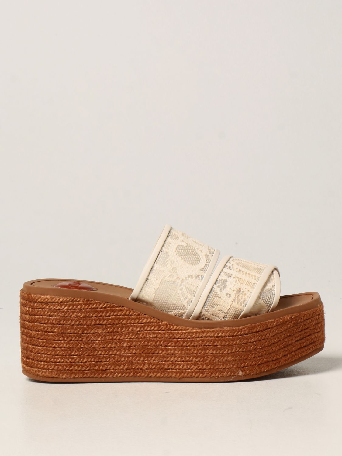 CHLOÉ: lace wedged mules with logo - Beige | Chloé wedge shoes ...