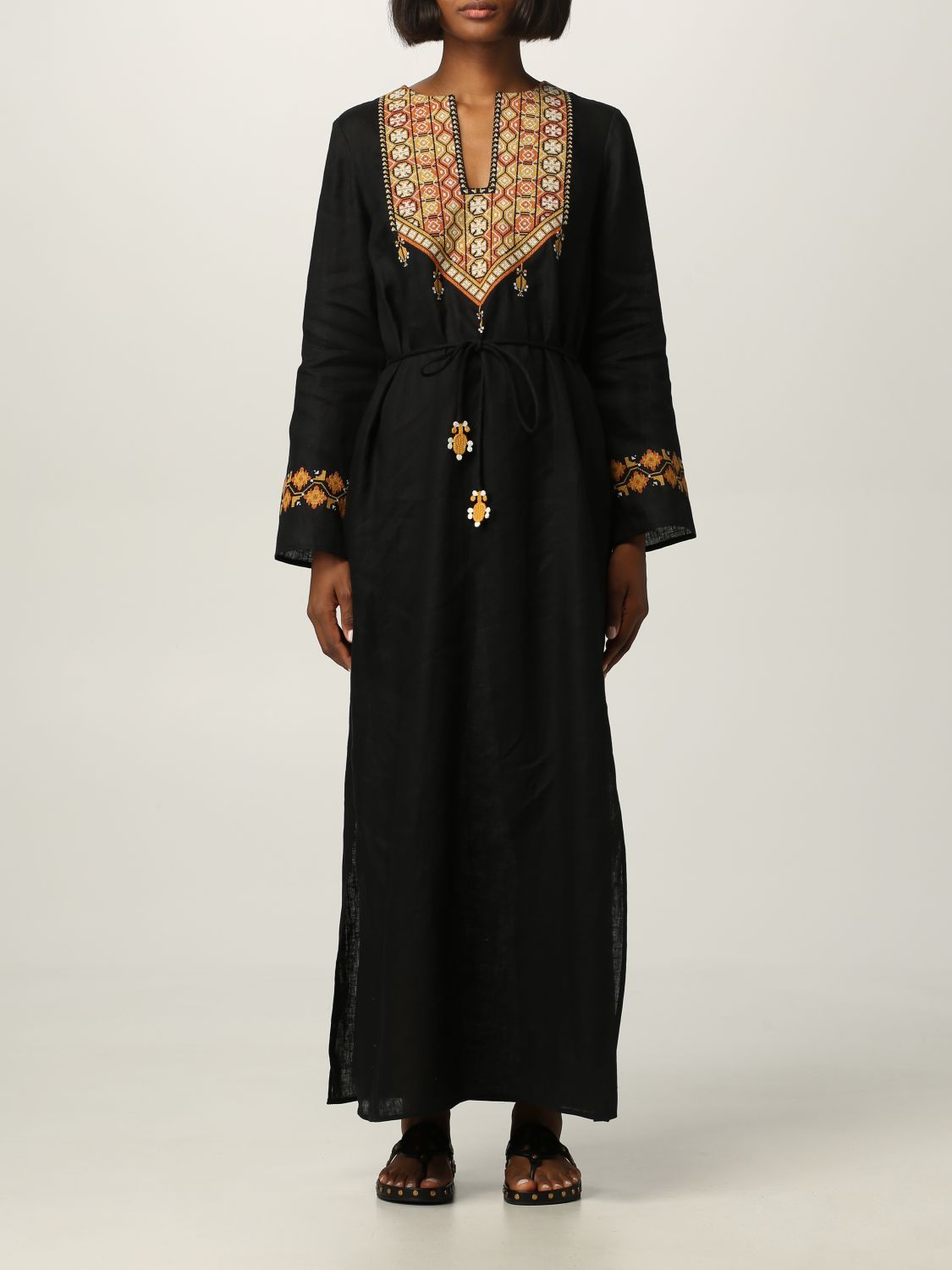 TORY BURCH: linen caftan with embroidery - Black | Tory Burch dress 87510  online on 