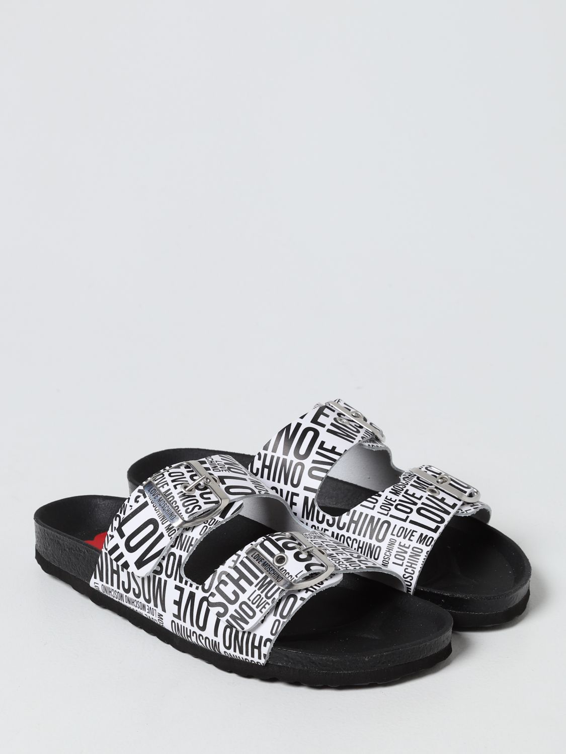 LOVE MOSCHINO: leather sandals with all over logo - White | Love ...