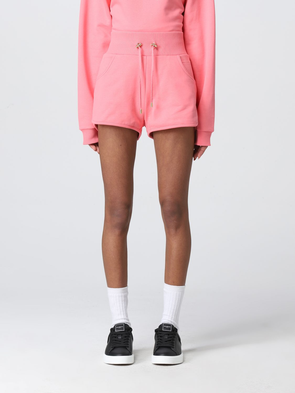 BALMAIN: cotton shorts with logo - Pink | Balmain short XF1OA025BB07 ...