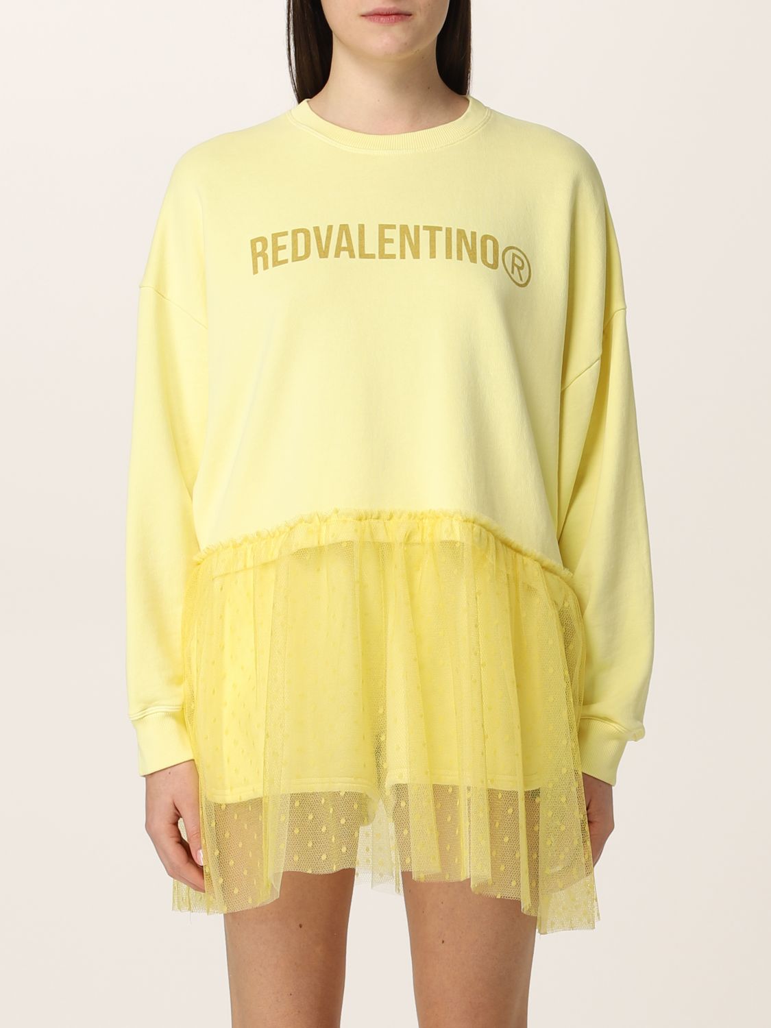 RED VALENTINO sweatshirt with point d'esprit tulle flounce Lemon