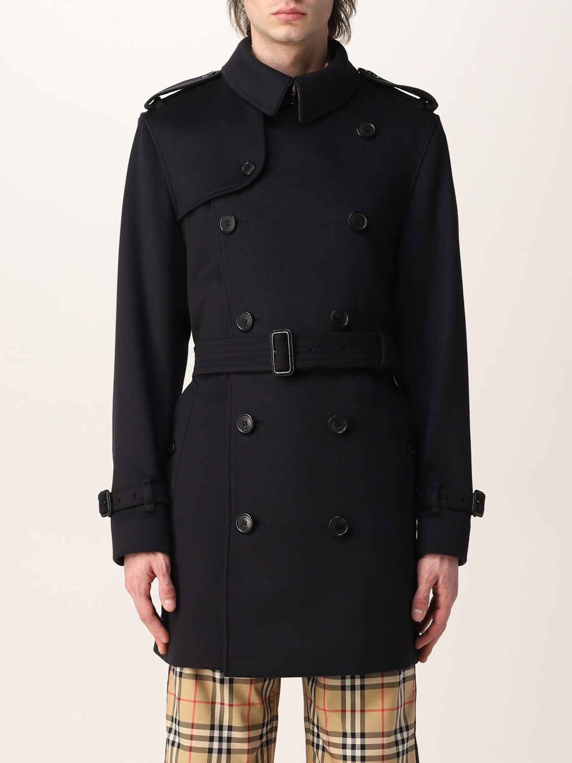 BURBERRY: wool and cashmere trench coat - Navy | Burberry trench coat 8036380 online on GIGLIO.COM