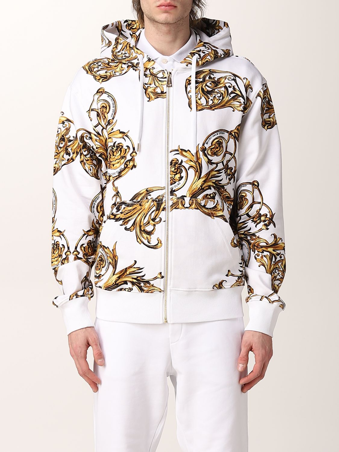 VERSACE JEANS COUTURE: zip sweatshirt with baroque print - White 