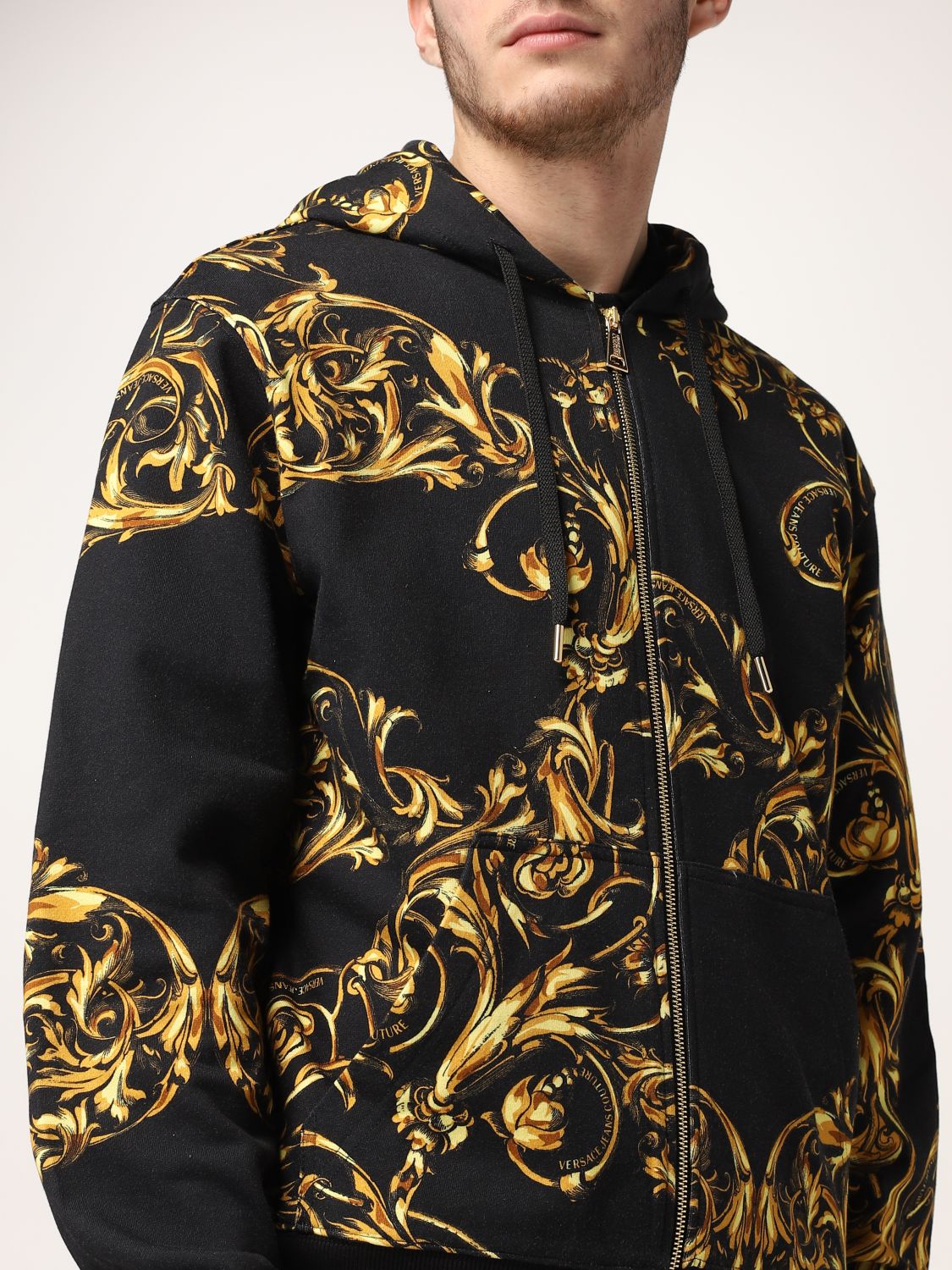 VERSACE JEANS COUTURE: zip sweatshirt with baroque print - Black ...