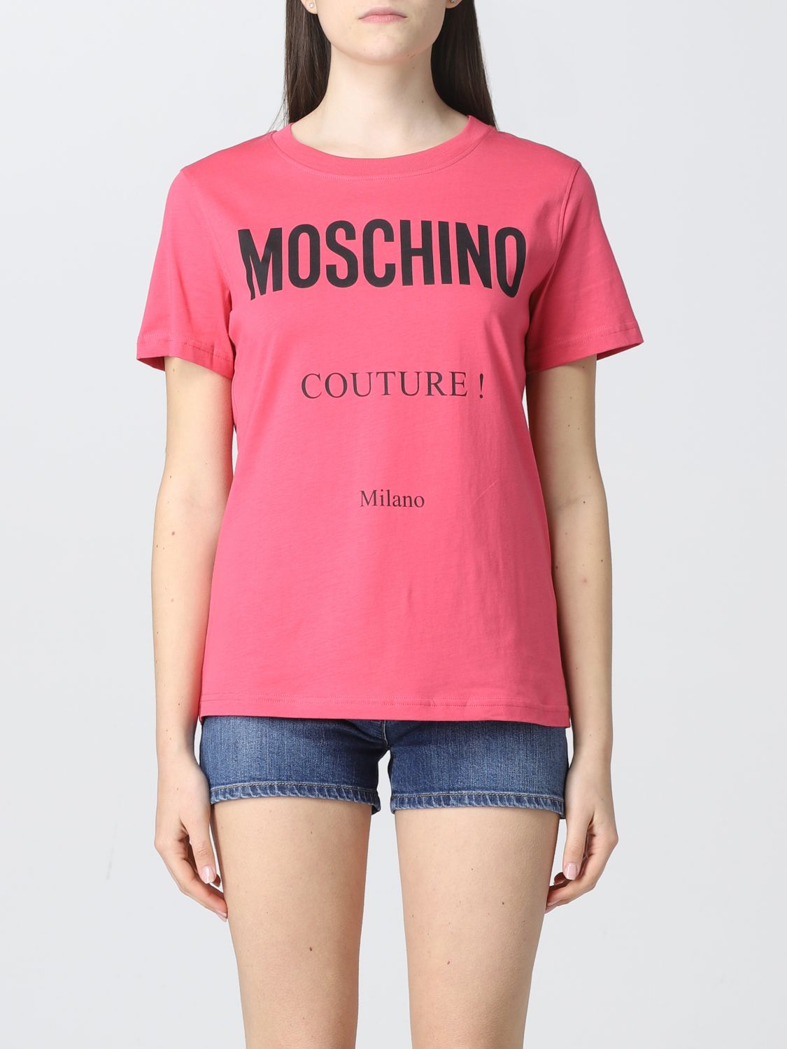 MOSCHINO COUTURE: cotton t-shirt with logo - Fuchsia | Moschino Couture ...
