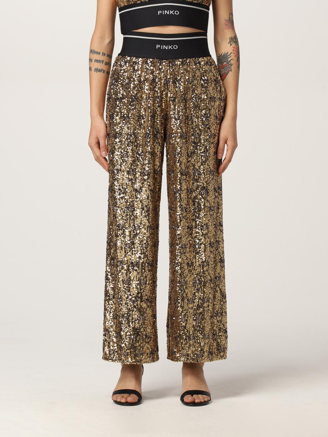 PINKO: Pantalone a palazzo con paillettes - Oro | Pantalone Pinko  1G17AAY7DW GIGLIO.COM