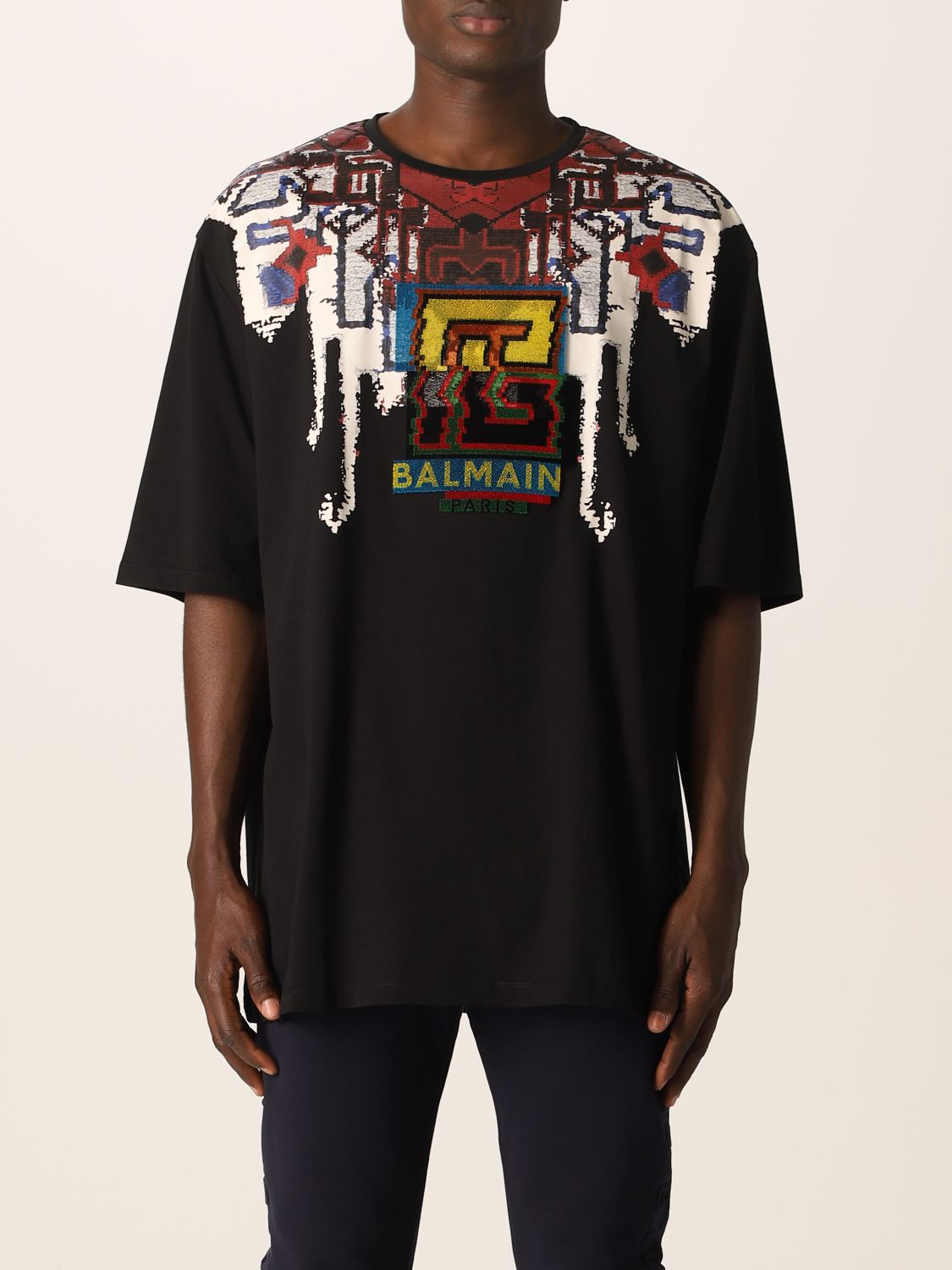 BALMAIN: cotton t-shirt with print and patch - Black | Balmain t-shirt ...