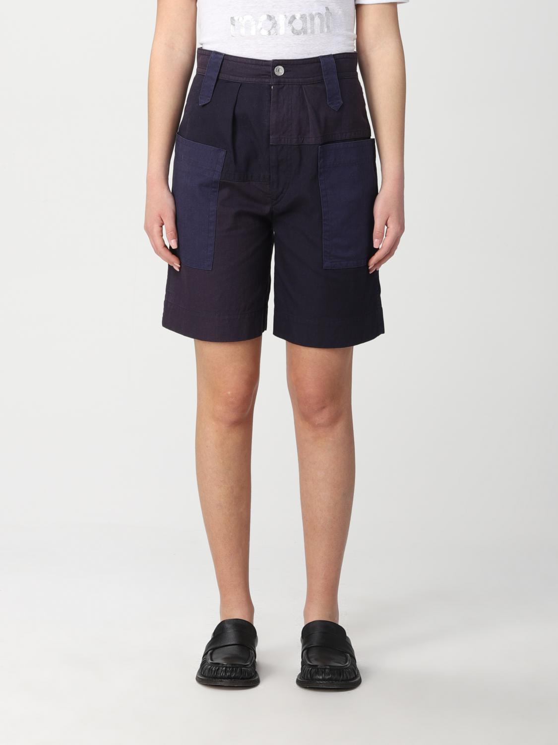 Isabel Marant Étoile Kalerna Patchwork Organic Cotton And Linen-blend Shorts In Blue