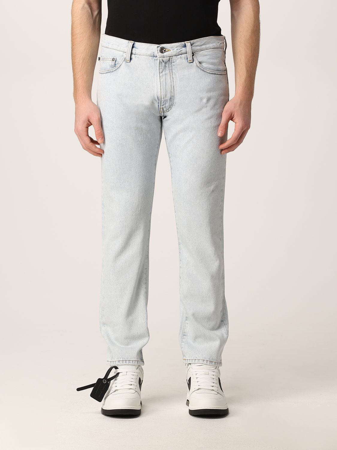 OFF-WHITE: Off White 5-pocket jeans with diagonal striped print - Blue ...