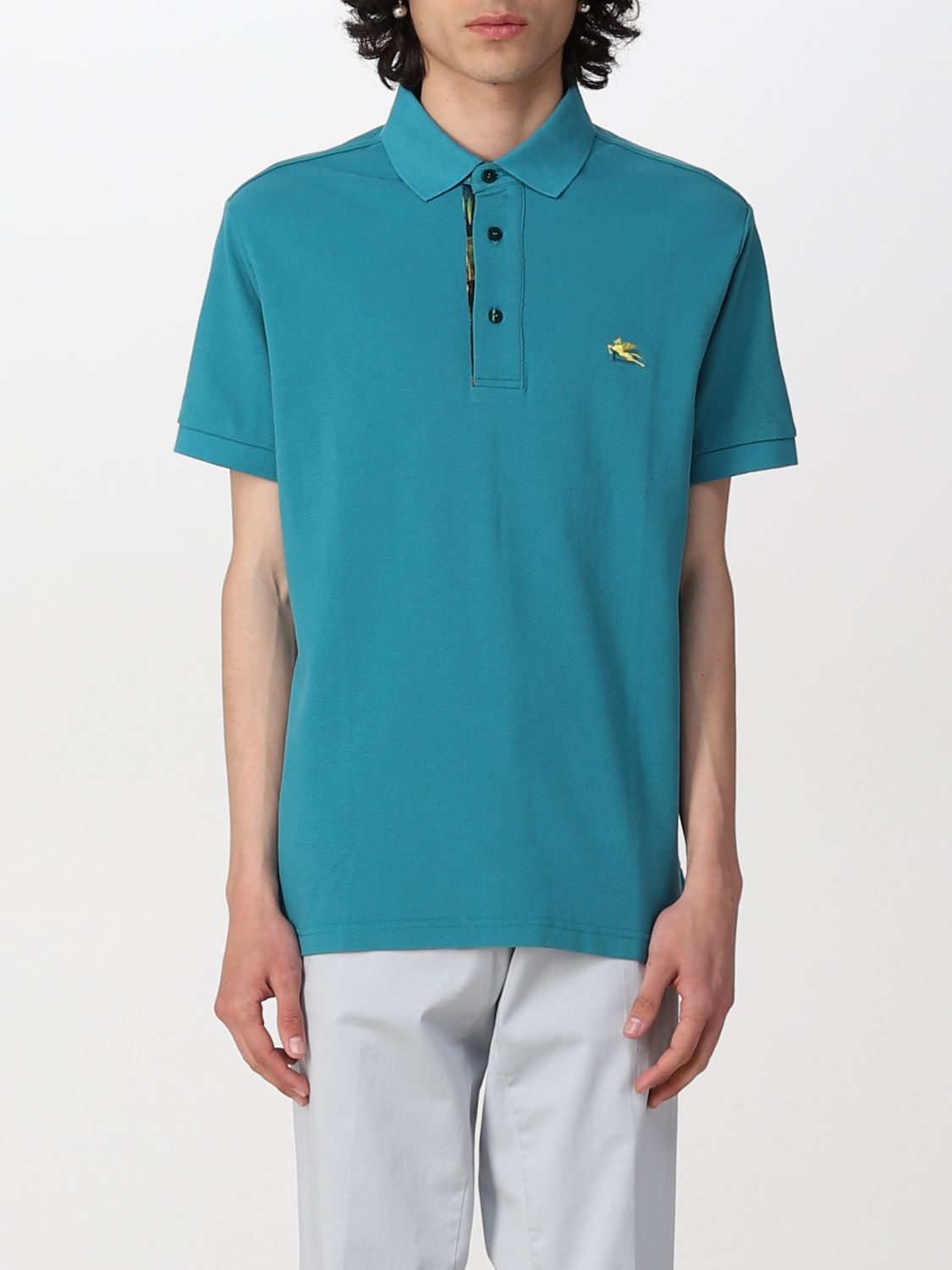 for Men Etro Cotton Pegaso Embroidered Polo T-shirt in Teal Mens Clothing T-shirts Polo shirts Blue 