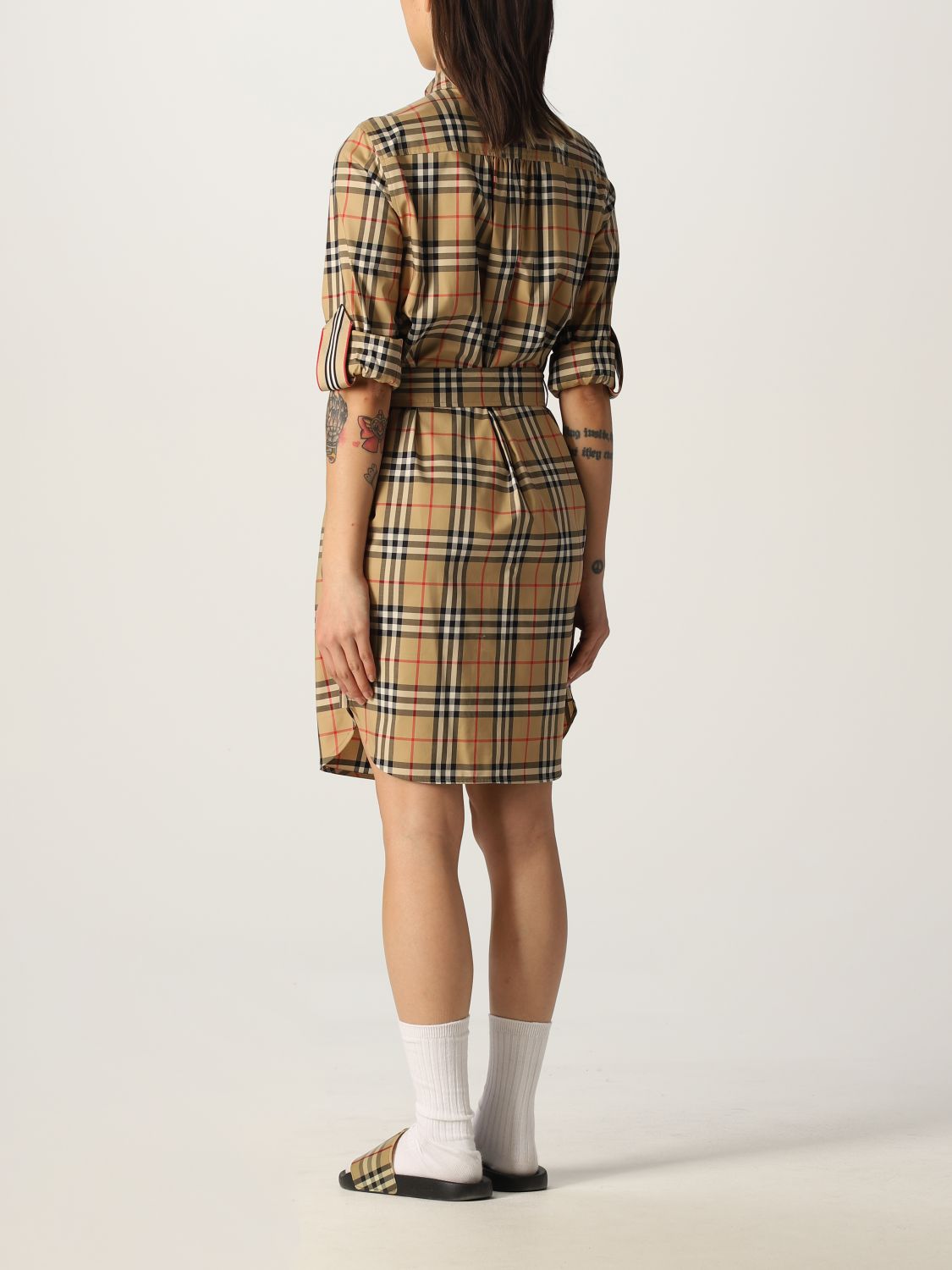 BURBERRY: stretch cotton chemisier dress with check pattern - Beige ...