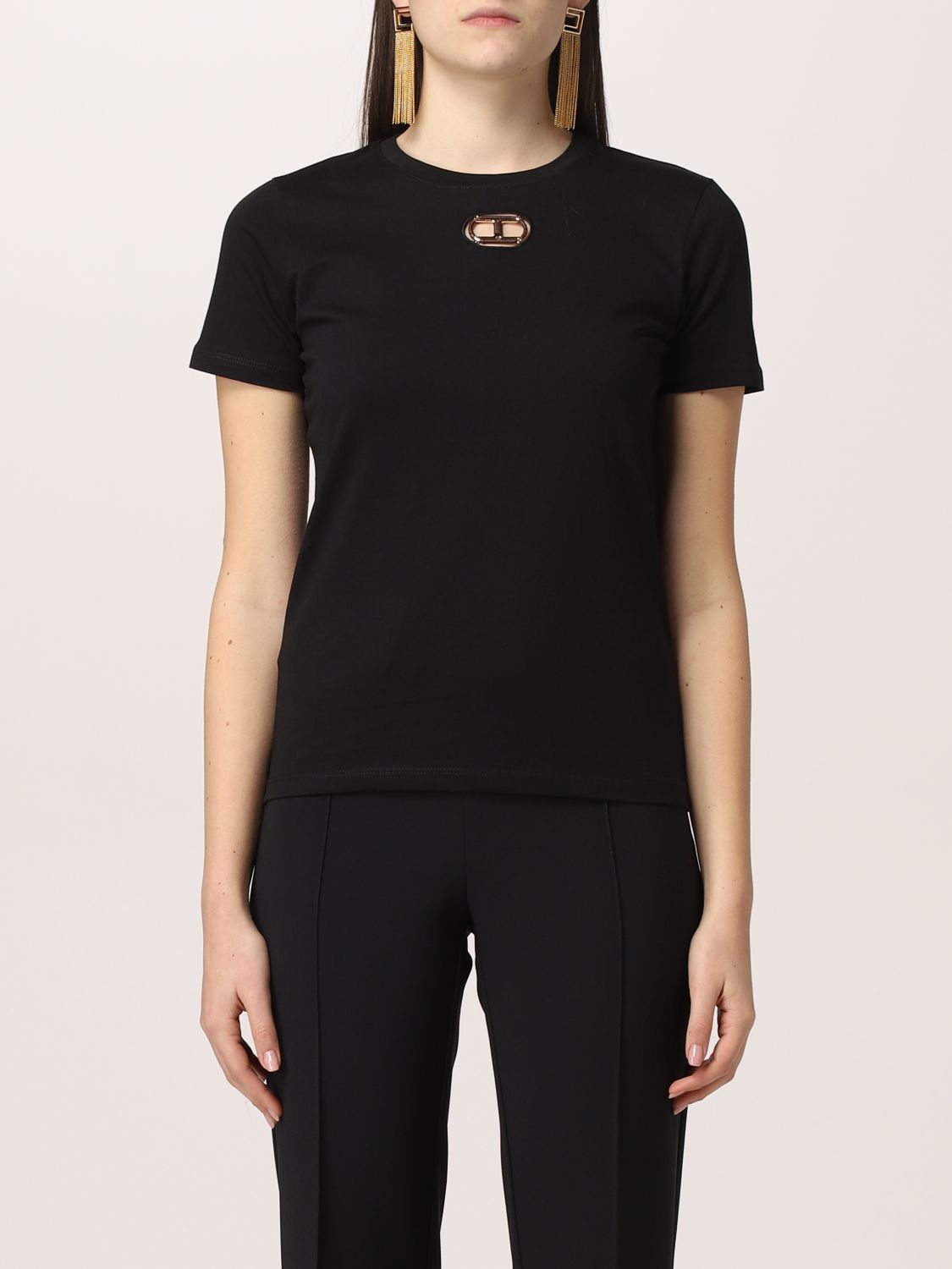 ELISABETTA FRANCHI: cotton T-shirt with monogram logo - Black ...