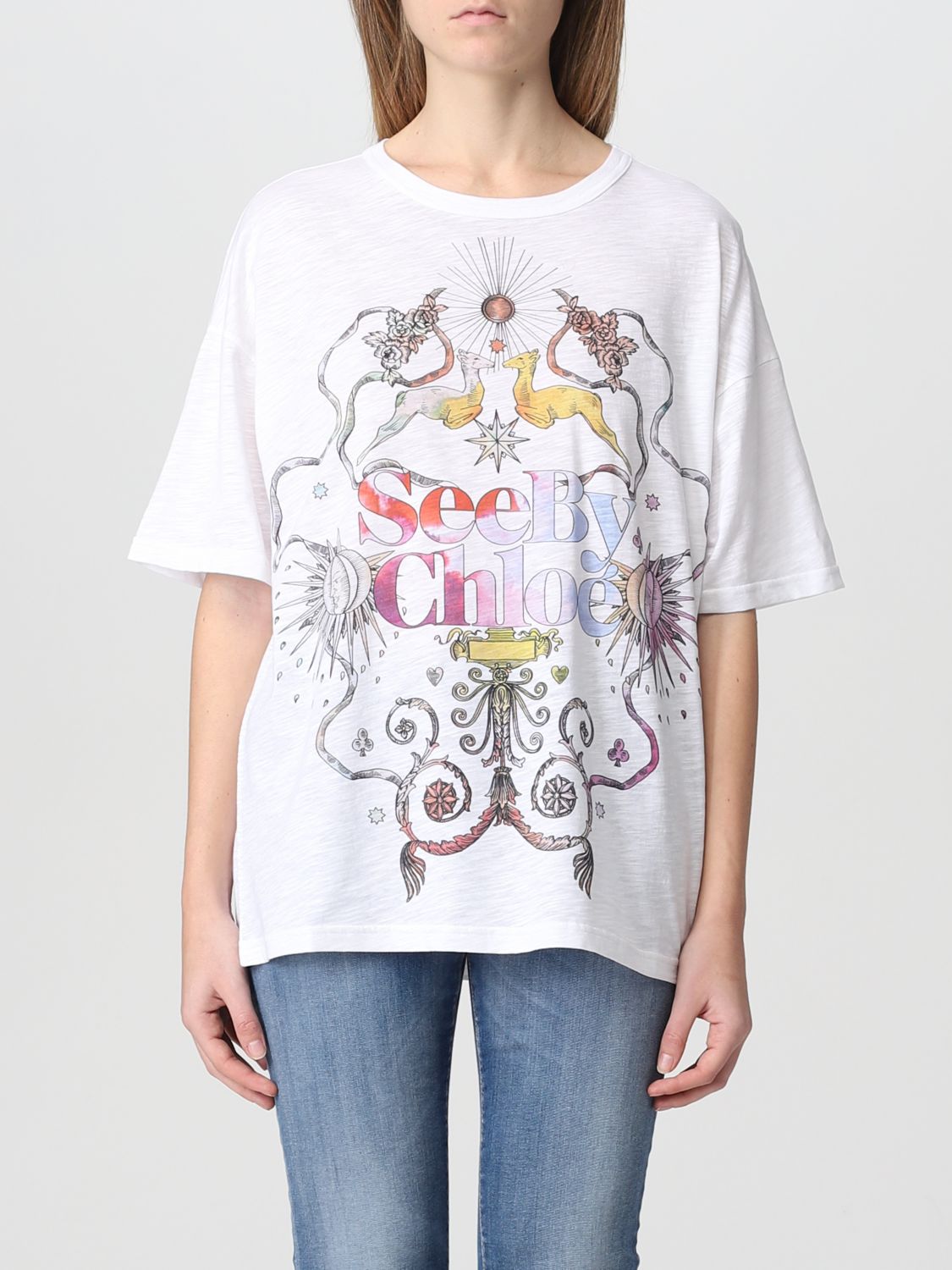 SEE BY CHLOÉ: T-shirt in cotton with print - White | T-Shirt See 