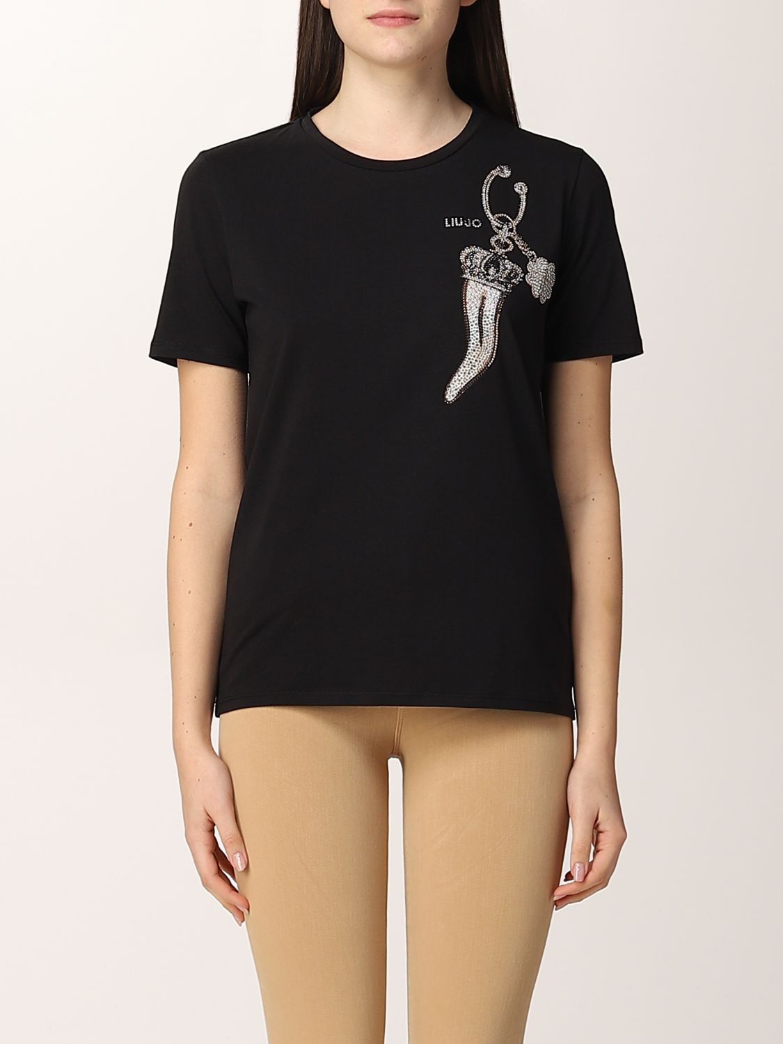 LIU JO: t-shirt in cotton with print and rhinestones - Black | Liu Jo t ...