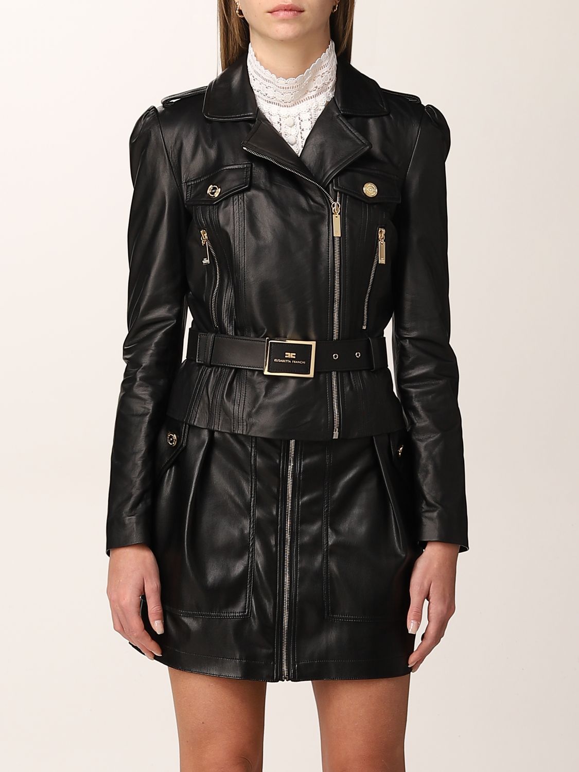 ELISABETTA FRANCHI: leather jacket with zip - Black | Elisabetta ...
