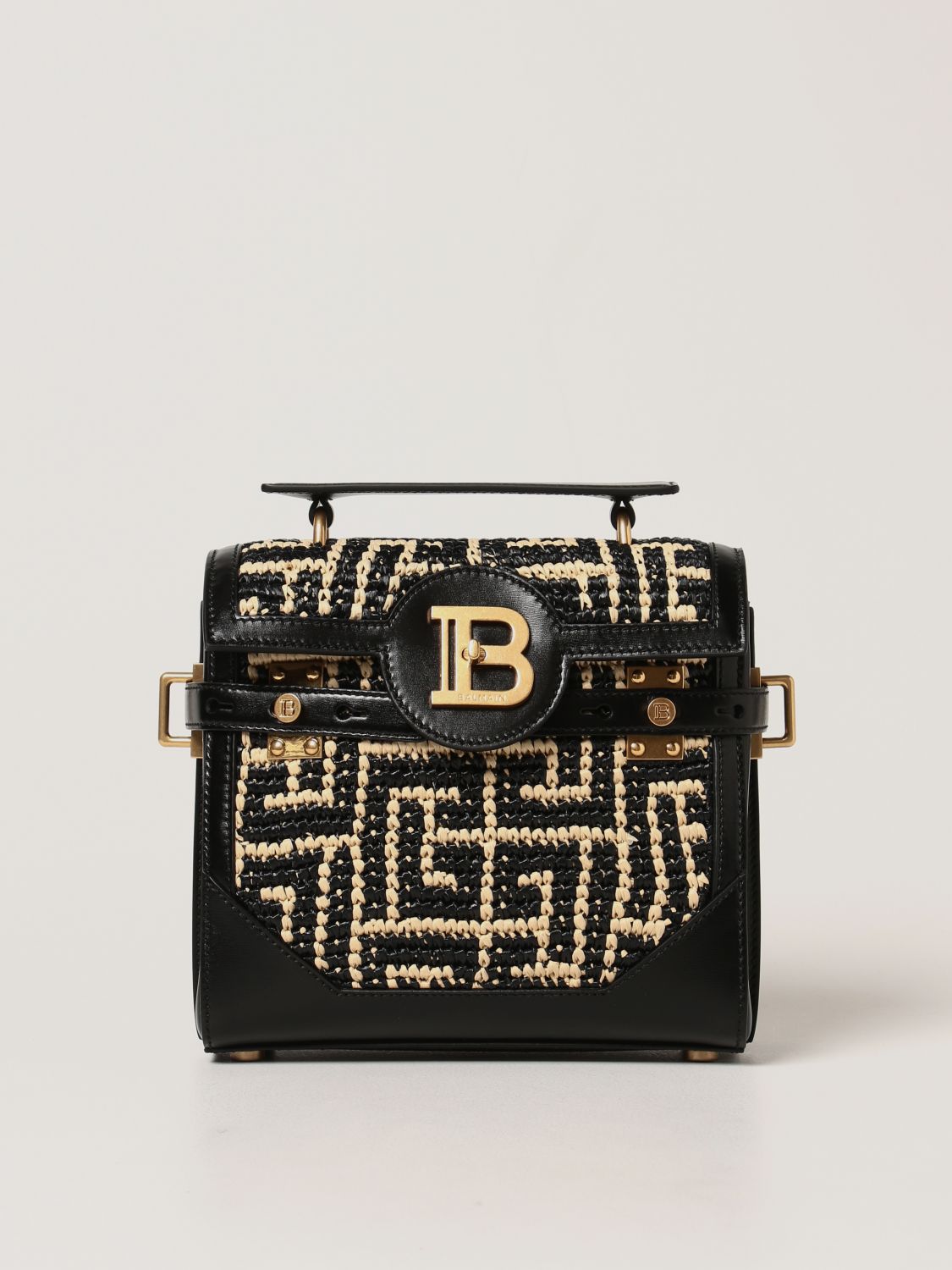 BALMAIN: B-Buzz 23 raffia and leather handbag - Black | Balmain handbag ...
