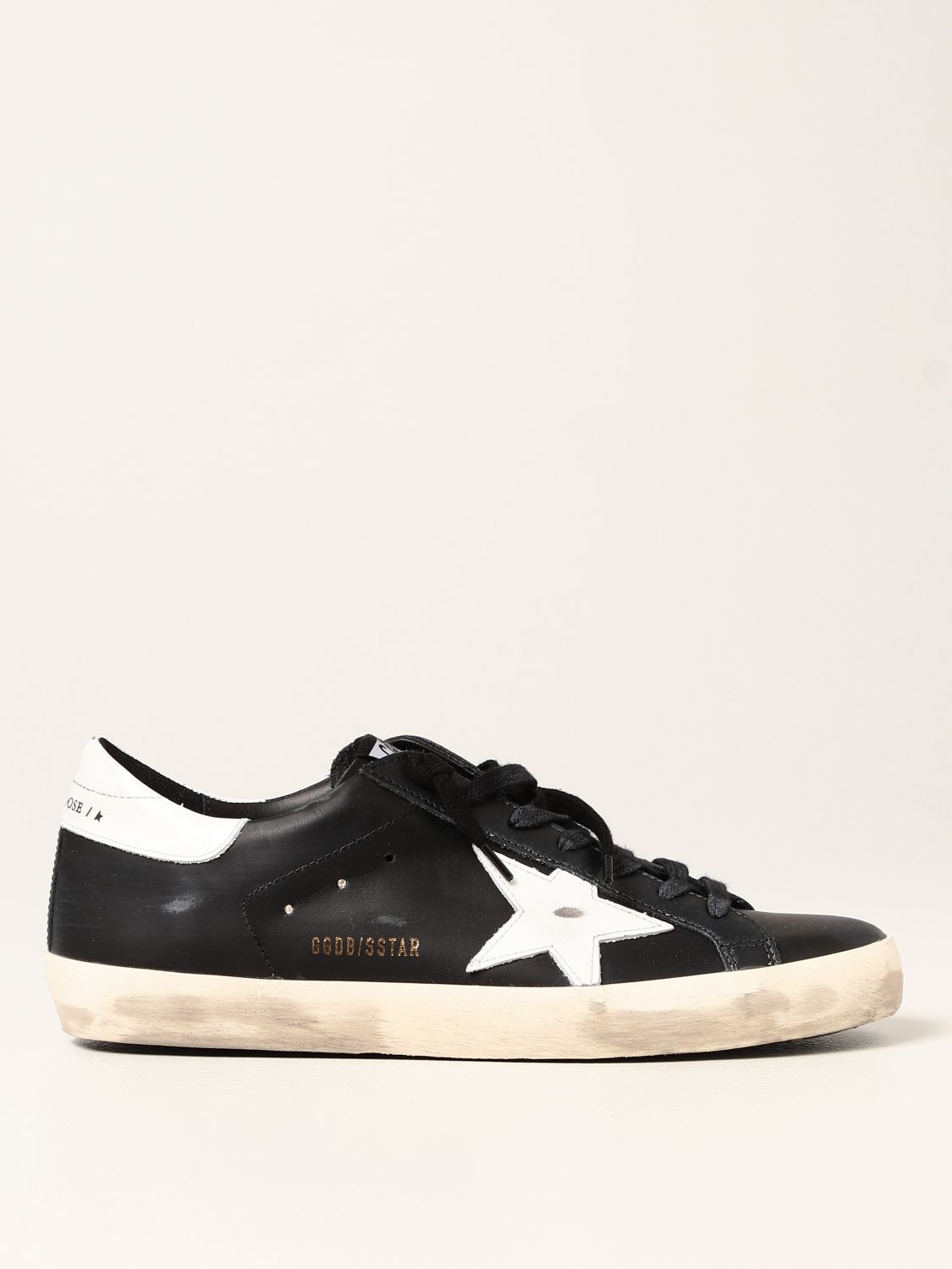 GOLDEN GOOSE: Super-Star classic sneakers in worn leather - Black ...