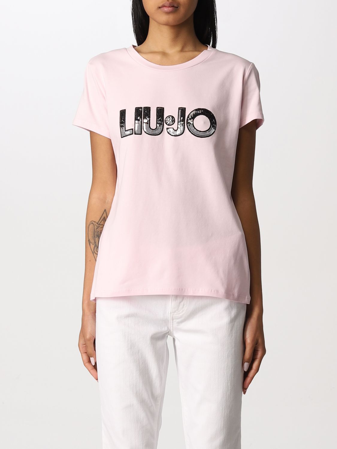 LIU JO: cotton t-shirt with logo - Pink | Liu Jo t-shirt TA2028J5003 ...