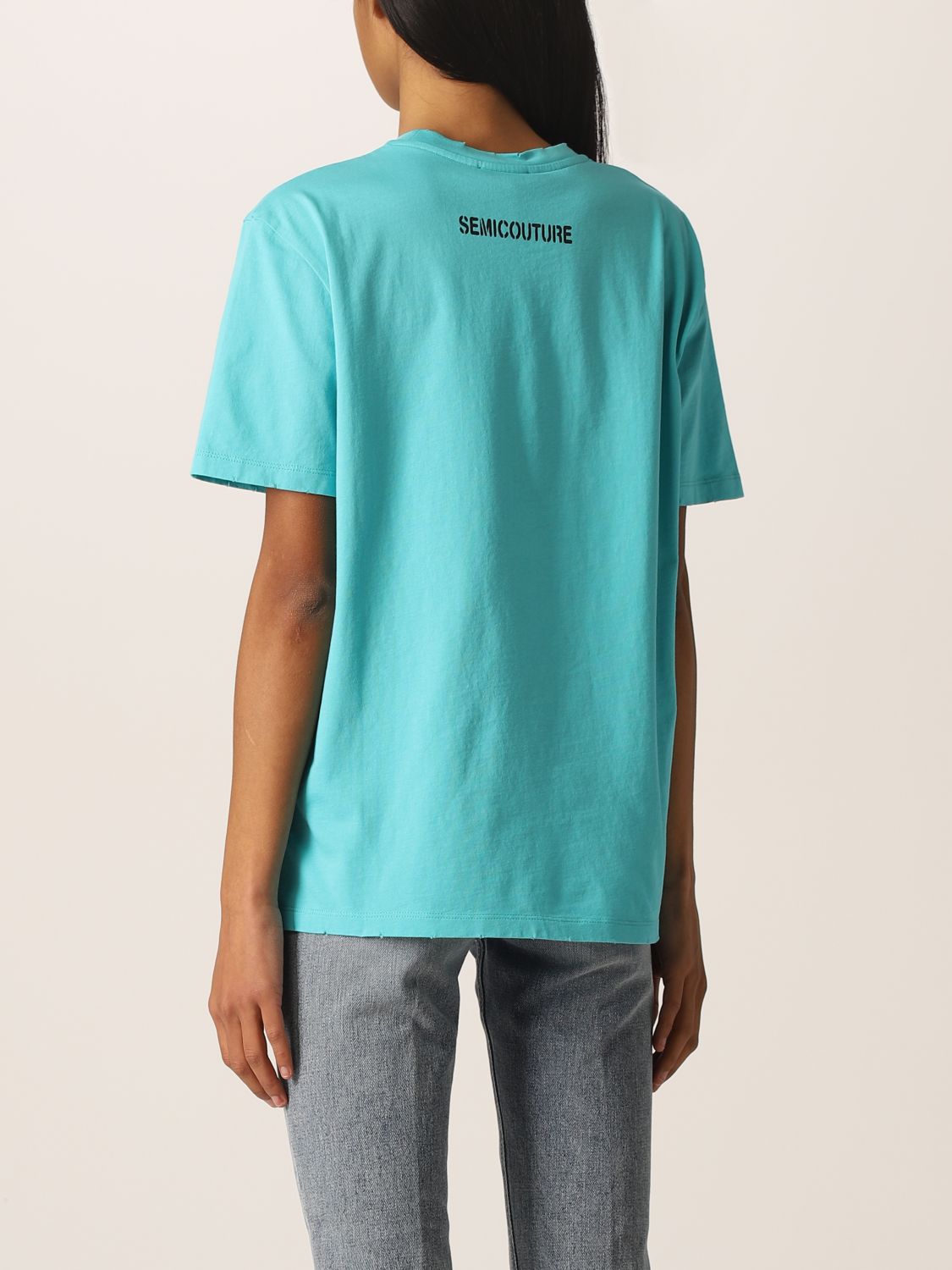 SEMICOUTURE: cotton T-shirt with logo - Gnawed Blue | Semicouture t
