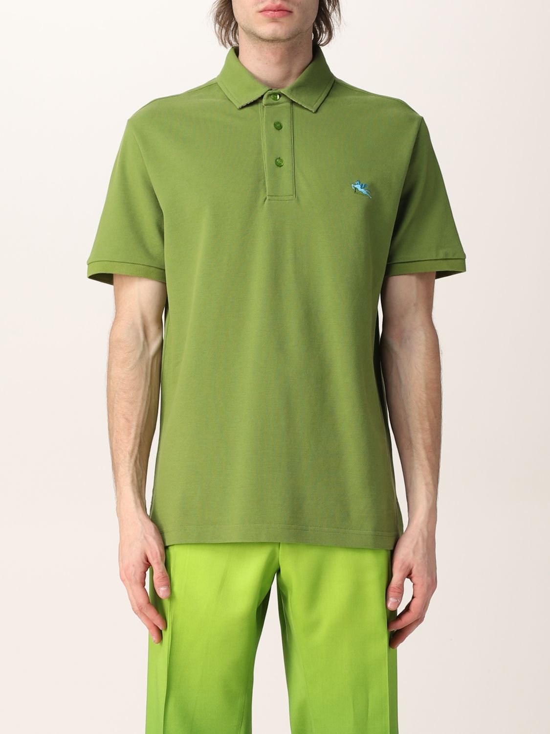 ETRO: cotton polo t-shirt with Pegasus - Green | Etro polo shirt ...