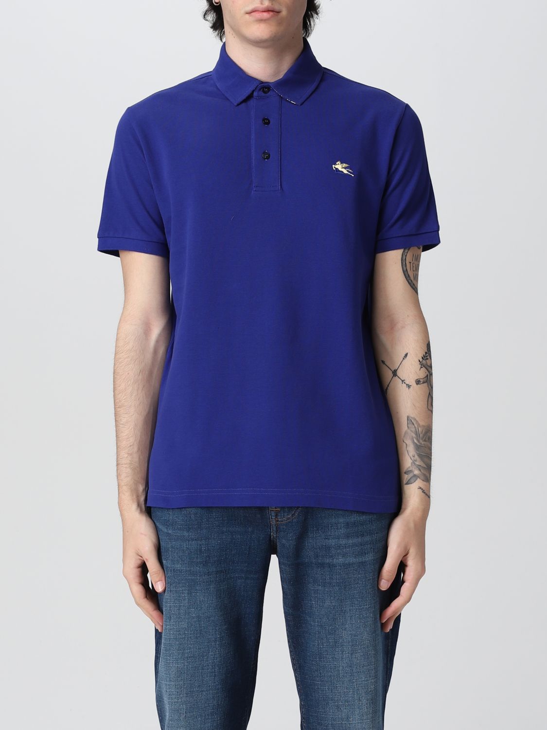 Etro Cotton Polo T-shirt With Pegasus In Blue 1