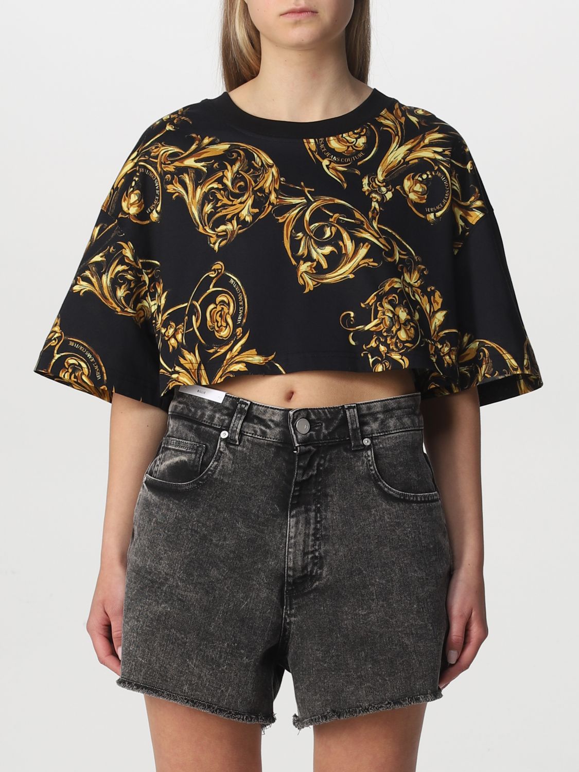 Versace Jeans Couture T-shirt With Baroque Pattern In Black