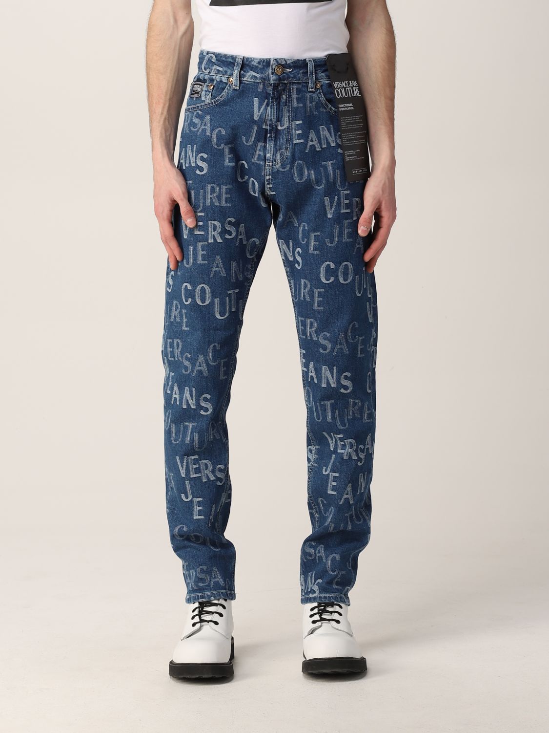 VERSACE JEANS COUTURE: in denim with all over logo - Indigo | Jeans Couture jeans 72GAB5D0DW026SS0 online on