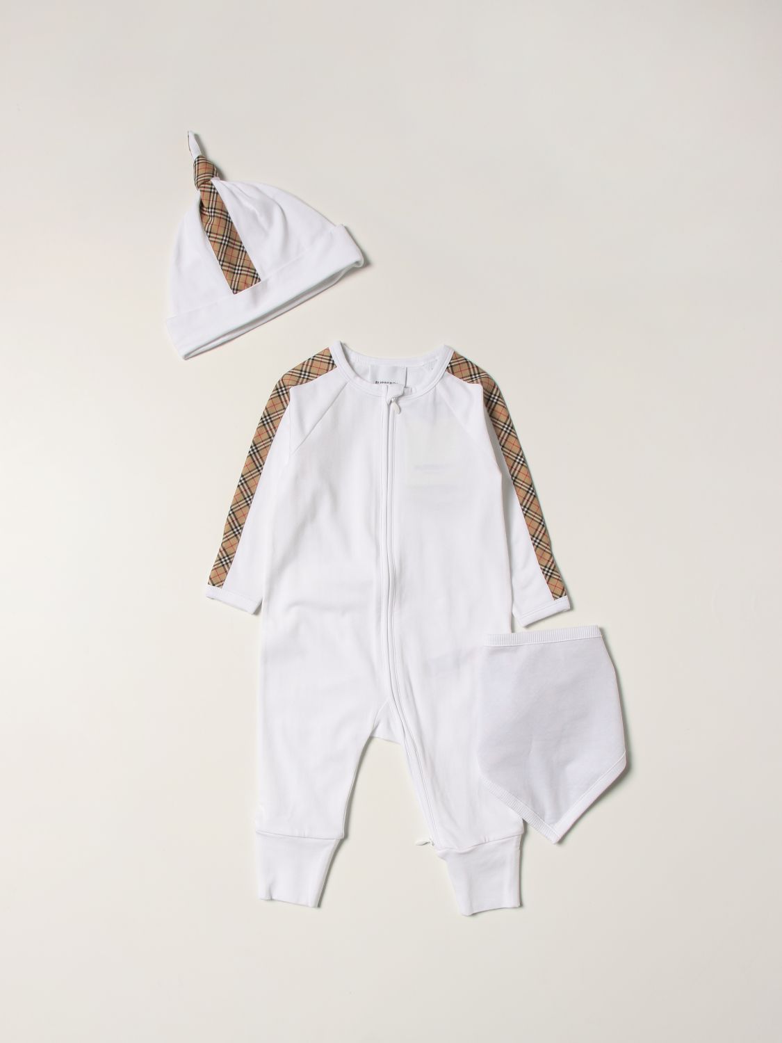 Burberry Babies' Cotton Romper + Bib + Hat Set In White